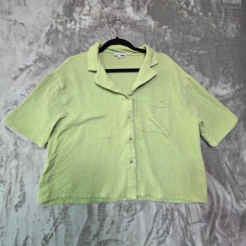 Fashion Nova Womens Green Cotton Gauze Button Down Shirt HF24A542-T Medium